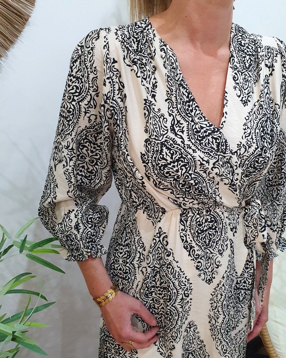 Robe femme écru motifs noirs Milena