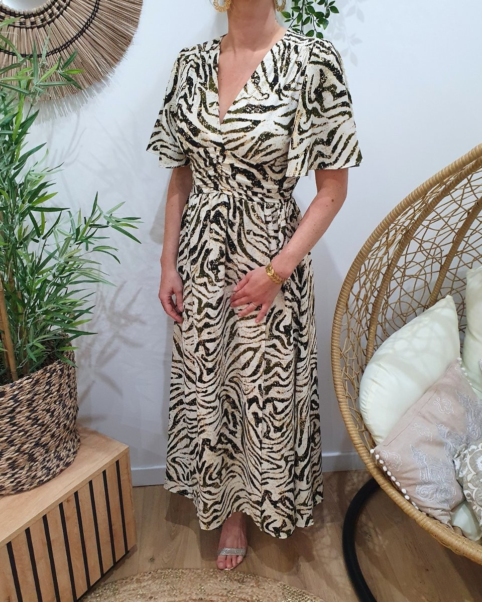 Robe longue femme écru motifs zébrés kaki et dorée