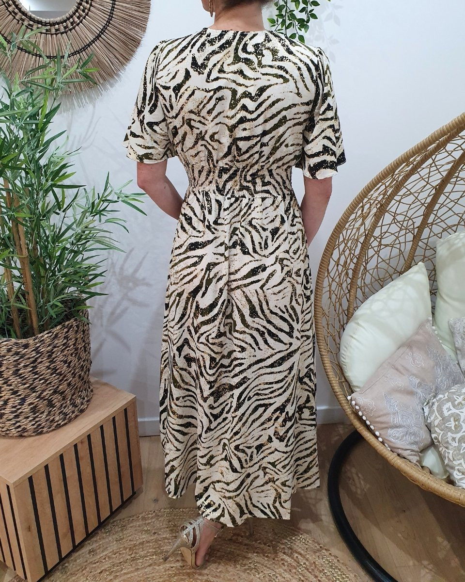 Robe longue femme écru motifs zébrés kaki et dorée
