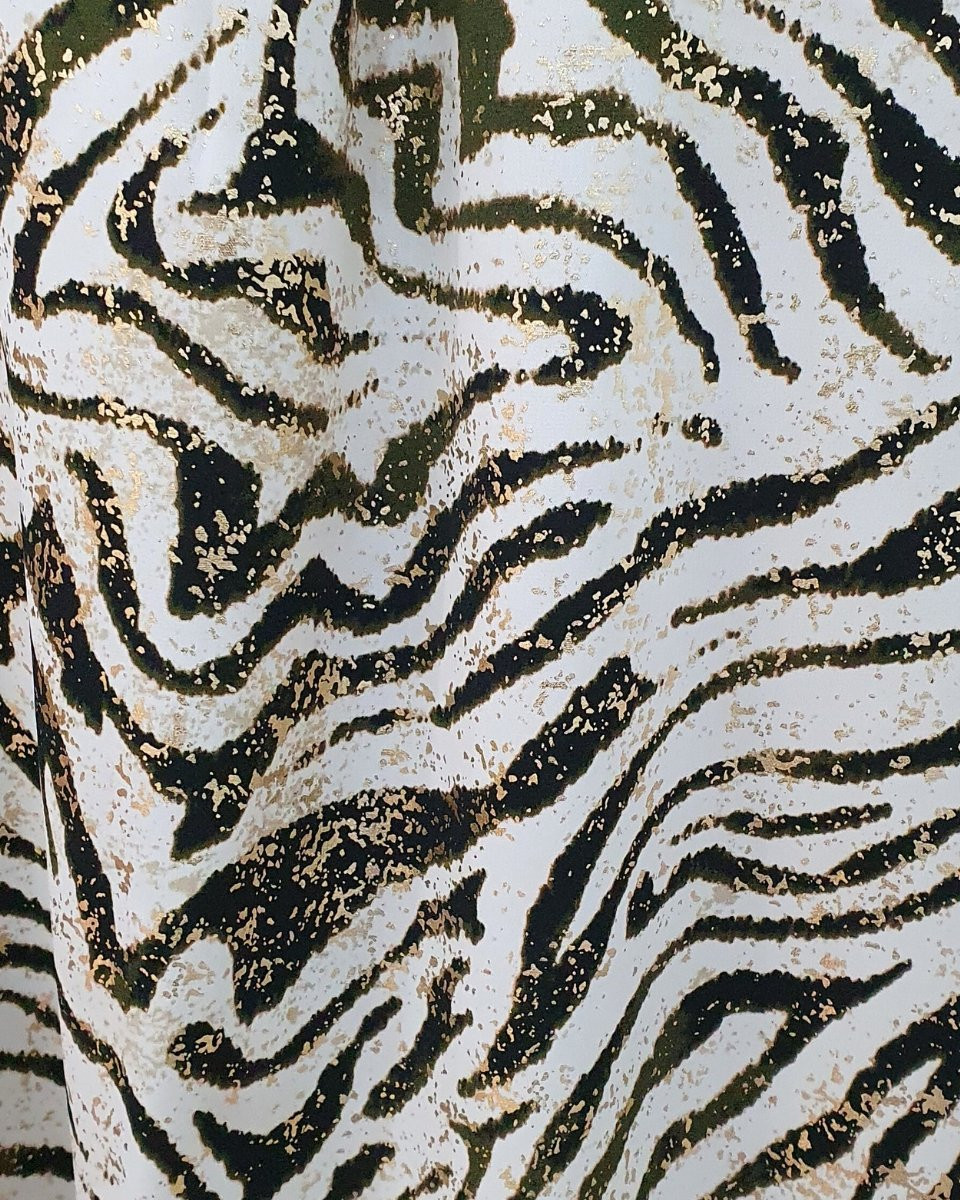 Robe longue femme écru motifs zébrés kaki et dorée