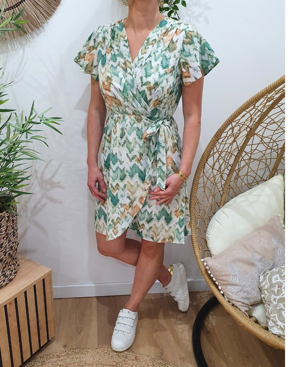Robe femme écru motifs verts Adalia