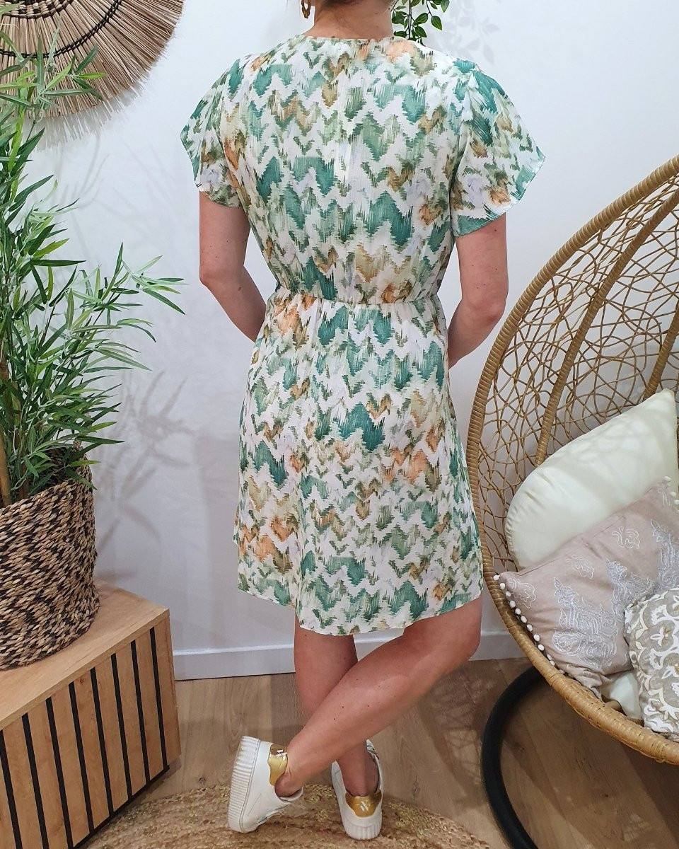 Robe femme écru motifs verts Adalia