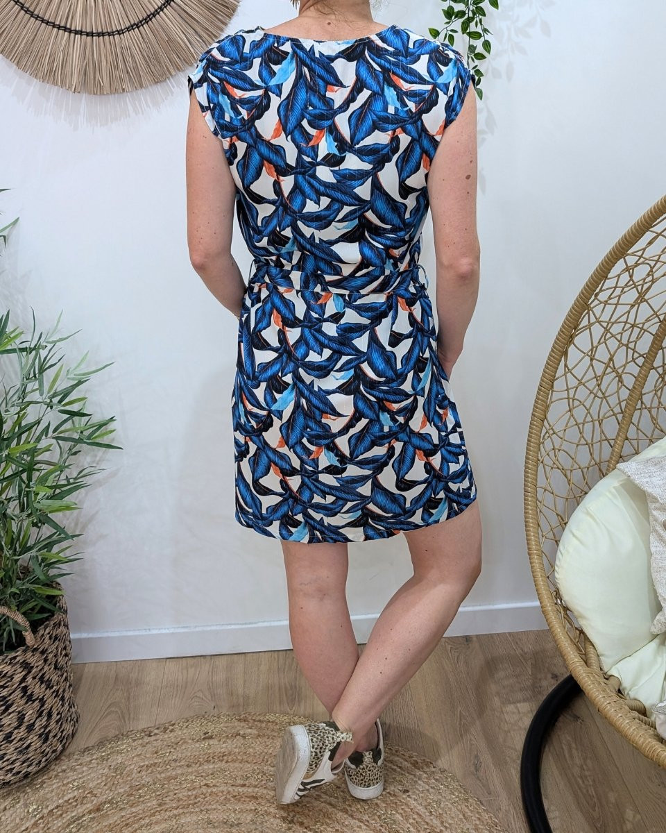 Robe droite femme feuillages bleu roi et orange liseré argent