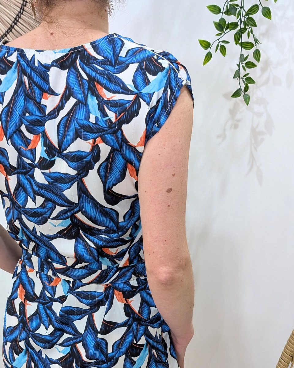 Robe droite femme feuillages bleu roi et orange liseré argent