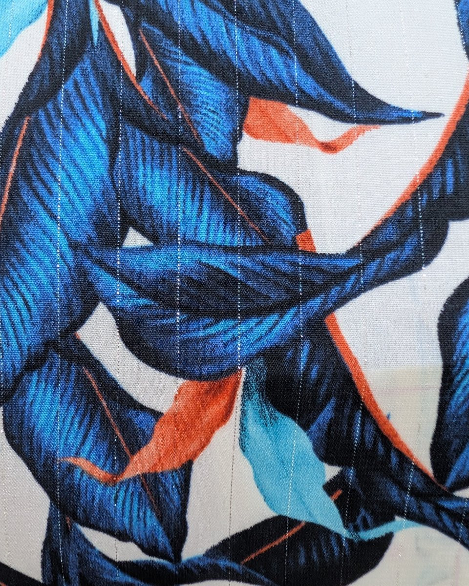 Robe droite femme feuillages bleu roi et orange liseré argent