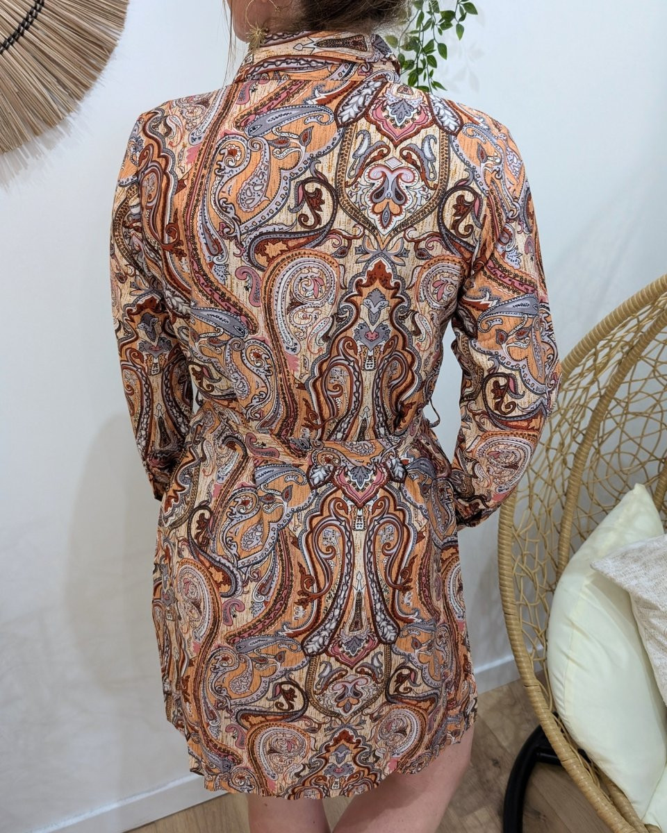 Robe chemise femme motifs cachemire orange rose