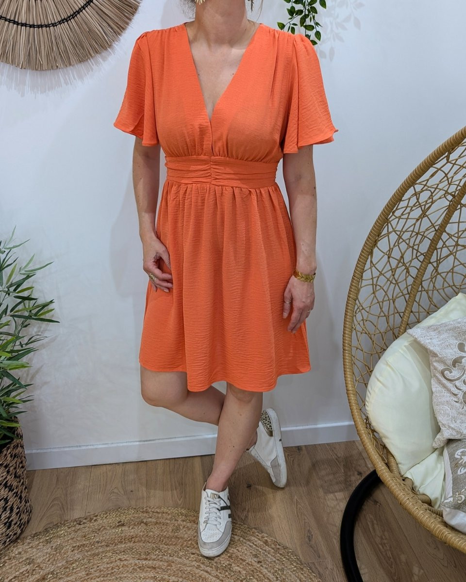 Robe femme orange unie manches volantes Janelle