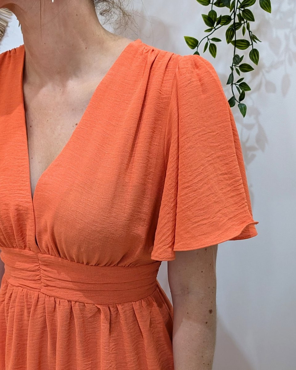 Robe femme orange unie manches volantes Janelle