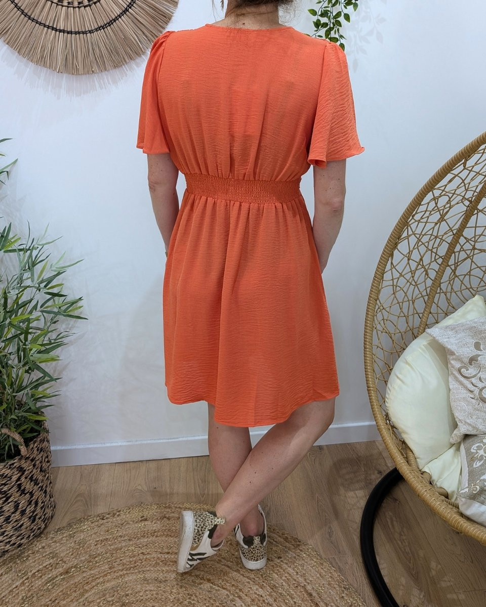 Robe femme orange unie manches volantes Janelle