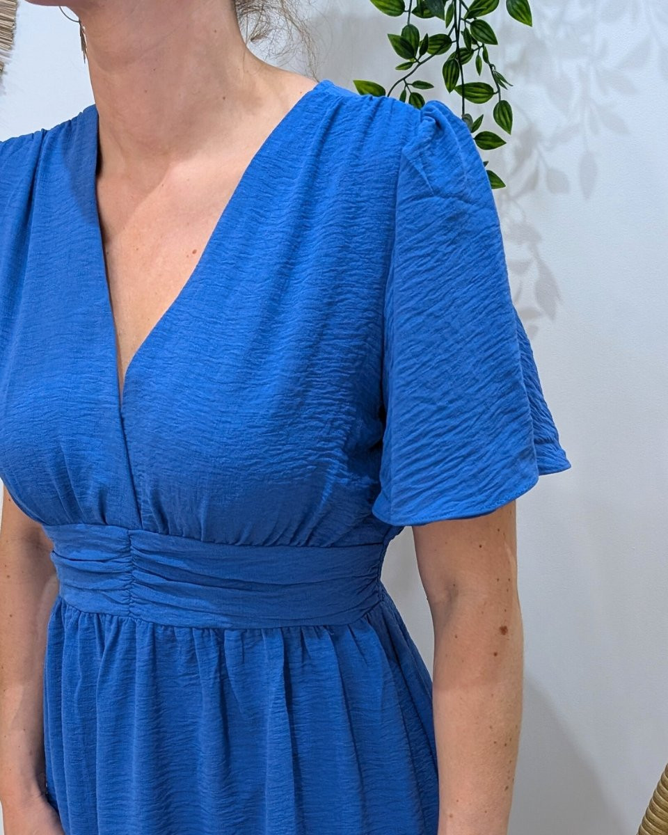 Robe femme bleu roi unie manches volantes Janelle