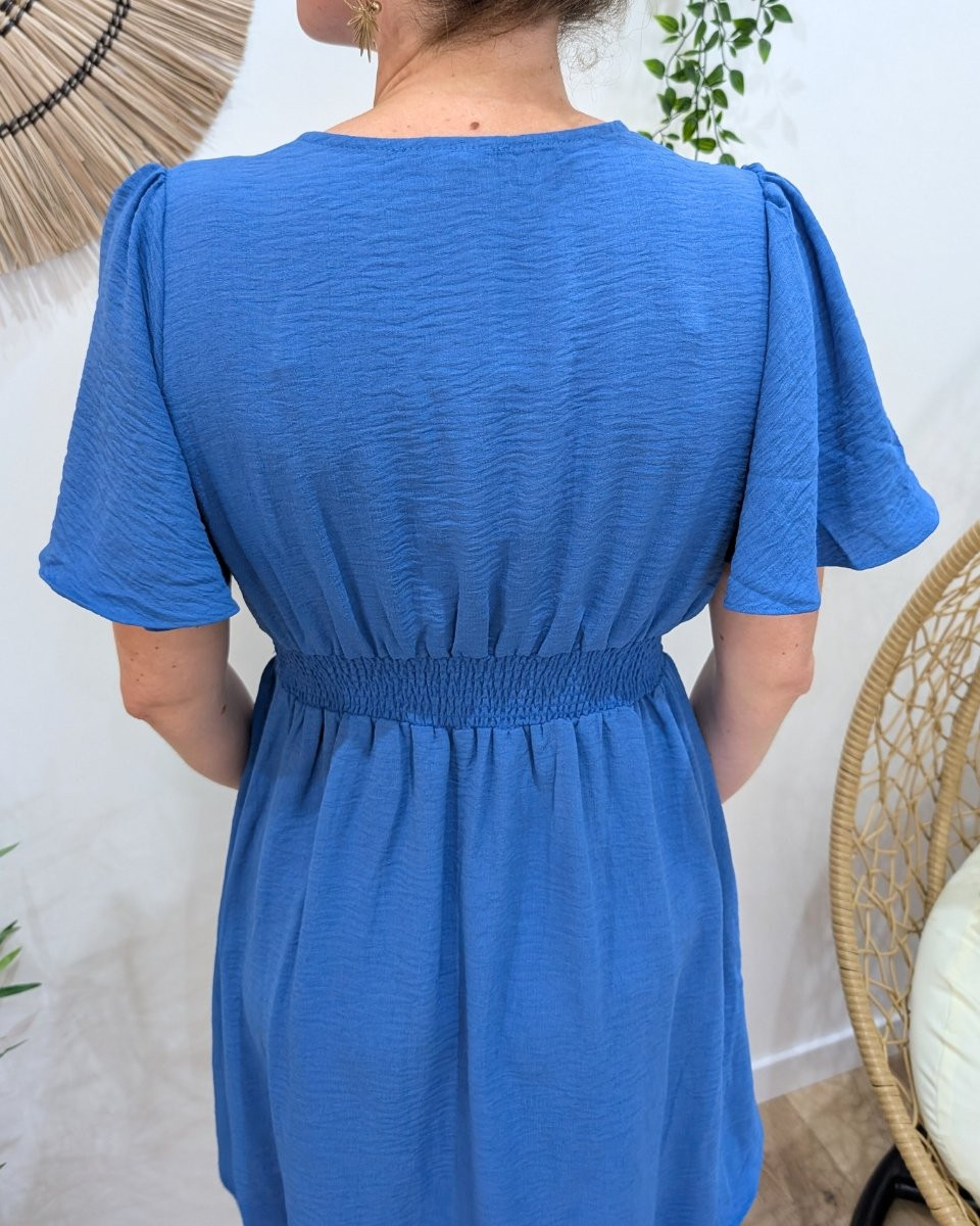 Robe femme bleu roi unie manches volantes Janelle