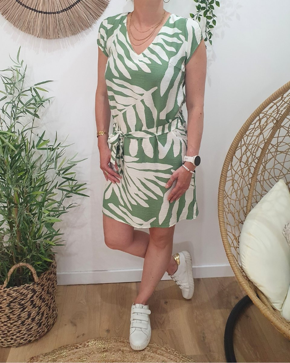 Robe femme droite verte et écrue Éléa