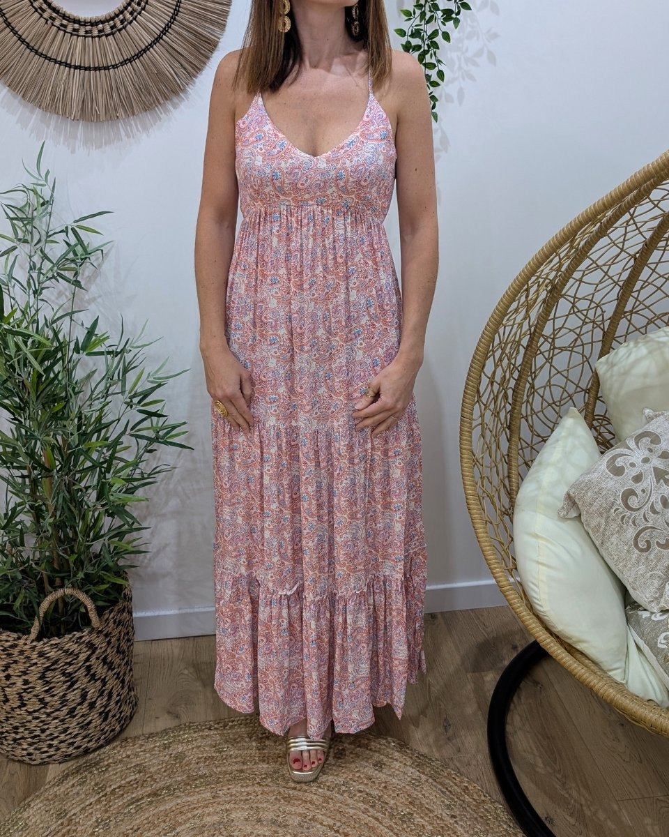 Robe longue femme dos ouvert noué imprimé cachemire Édenia