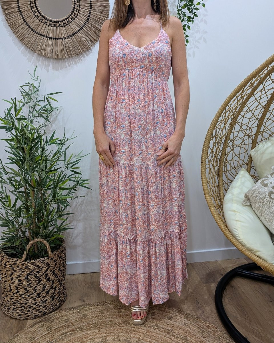 Robe longue femme dos ouvert noué imprimé cachemire Édenia