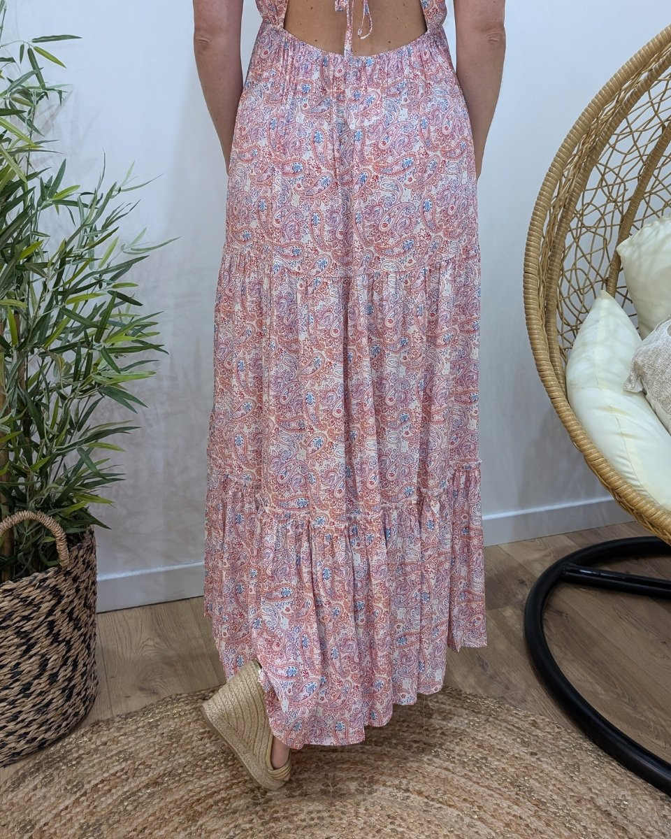 Robe longue femme dos ouvert noué imprimé cachemire Édenia