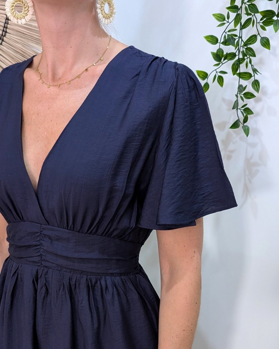 Robe femme bleu marine unie manches volantes Janelle