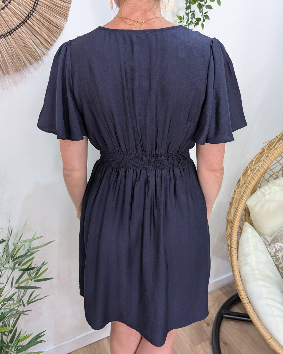 Robe femme bleu marine unie manches volantes Janelle