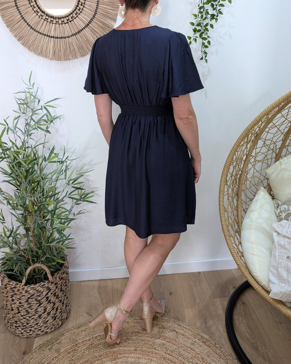 Robe femme bleu marine unie manches volantes Janelle