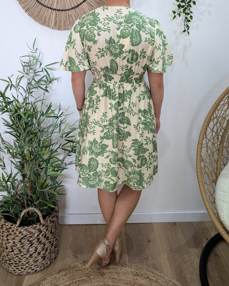 Robe femme beige et vert manches volantes