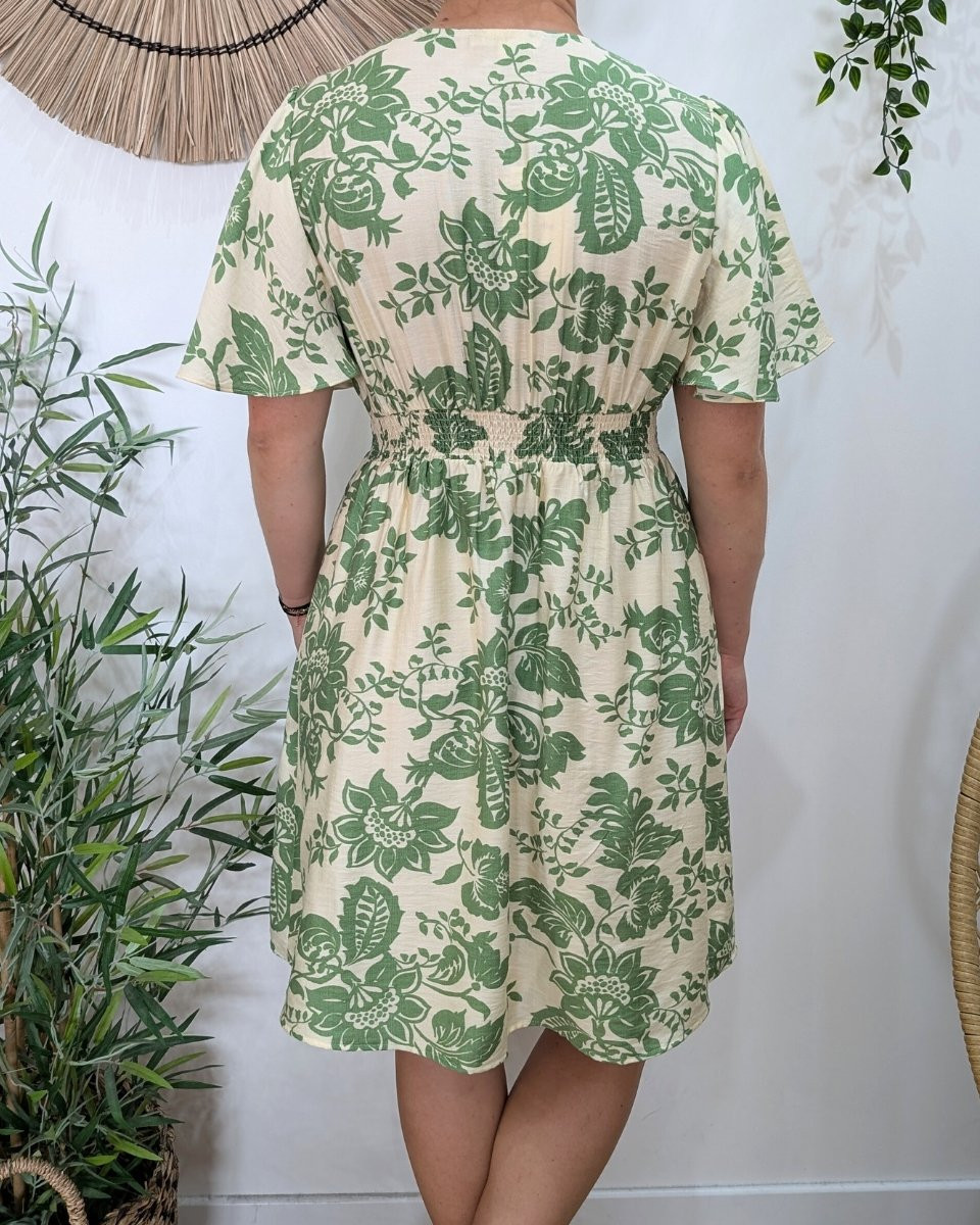 Robe femme beige et vert manches volantes