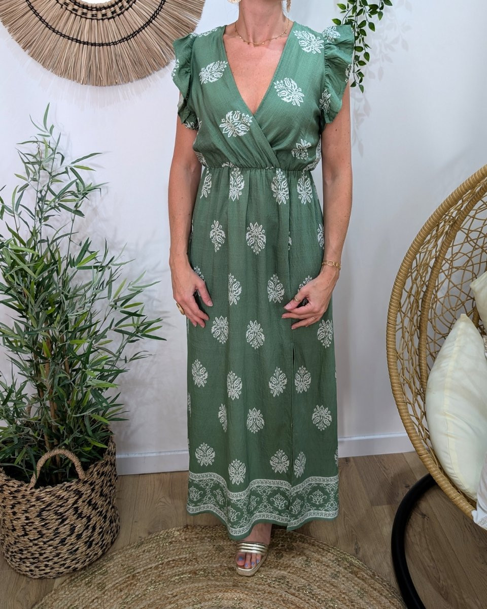 Robe longue femme verte motifs blancs Ysalis