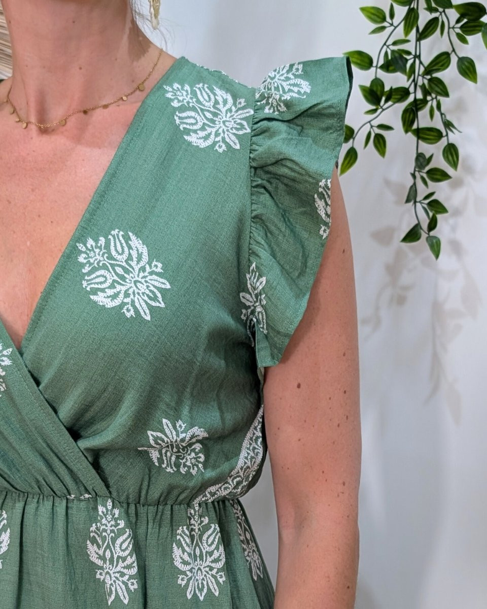 Robe longue femme verte motifs blancs Ysalis