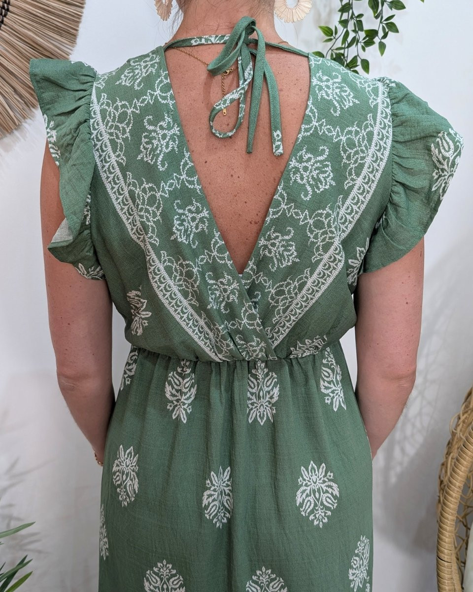 Robe longue femme verte motifs blancs Ysalis