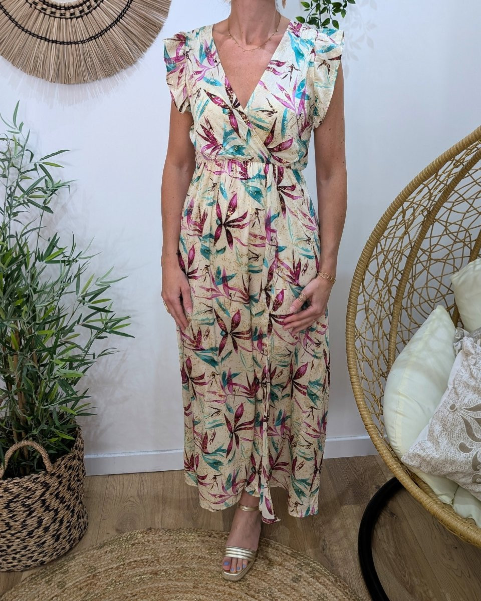 Robe longue femme écrue feuillages mauves et verts dorures