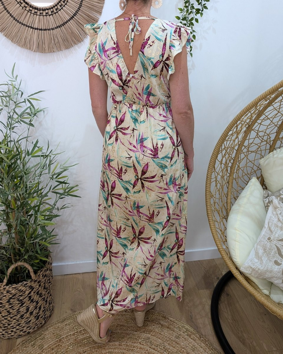 Robe longue femme écrue feuillages mauves et verts dorures