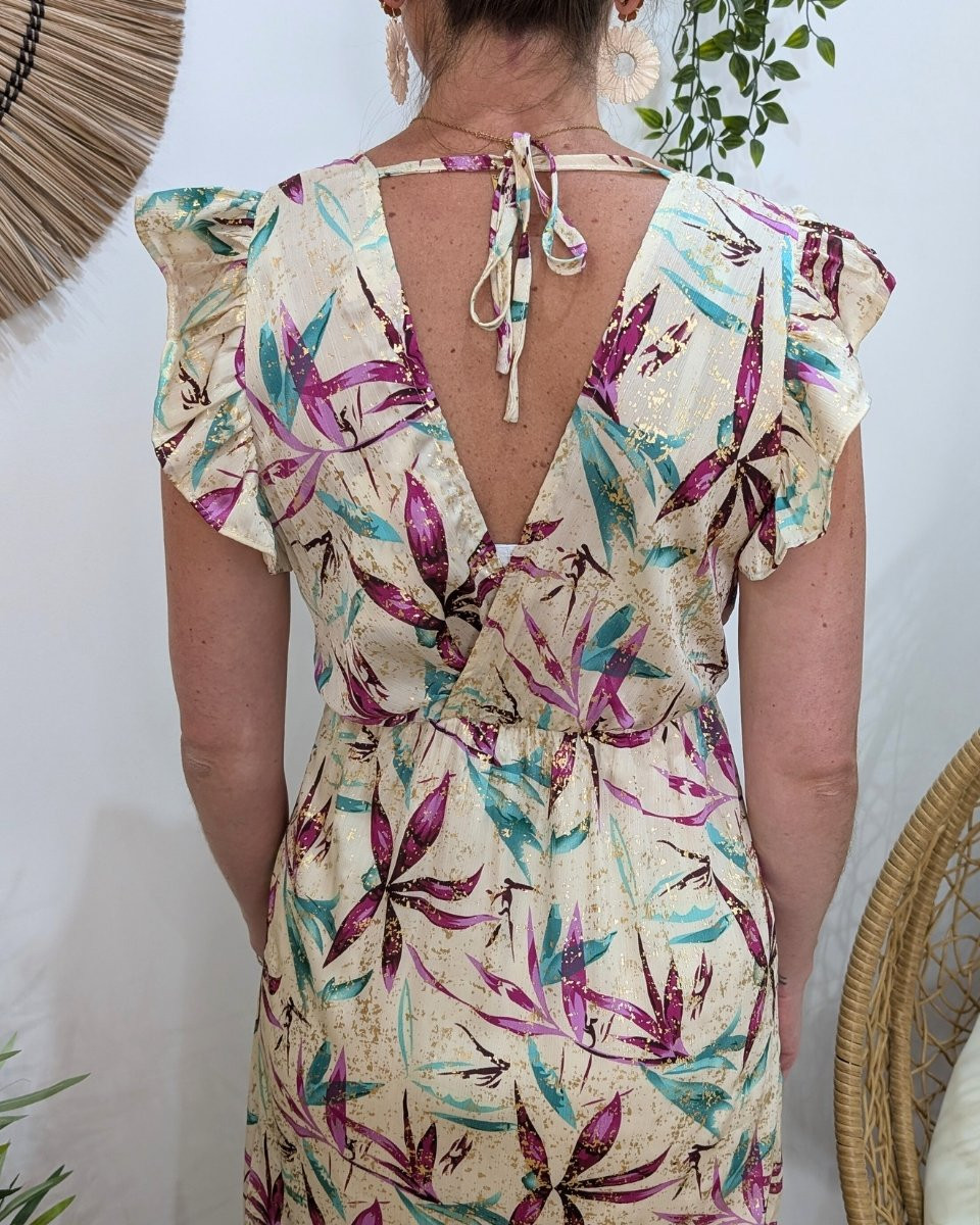 Robe longue femme écrue feuillages mauves et verts dorures