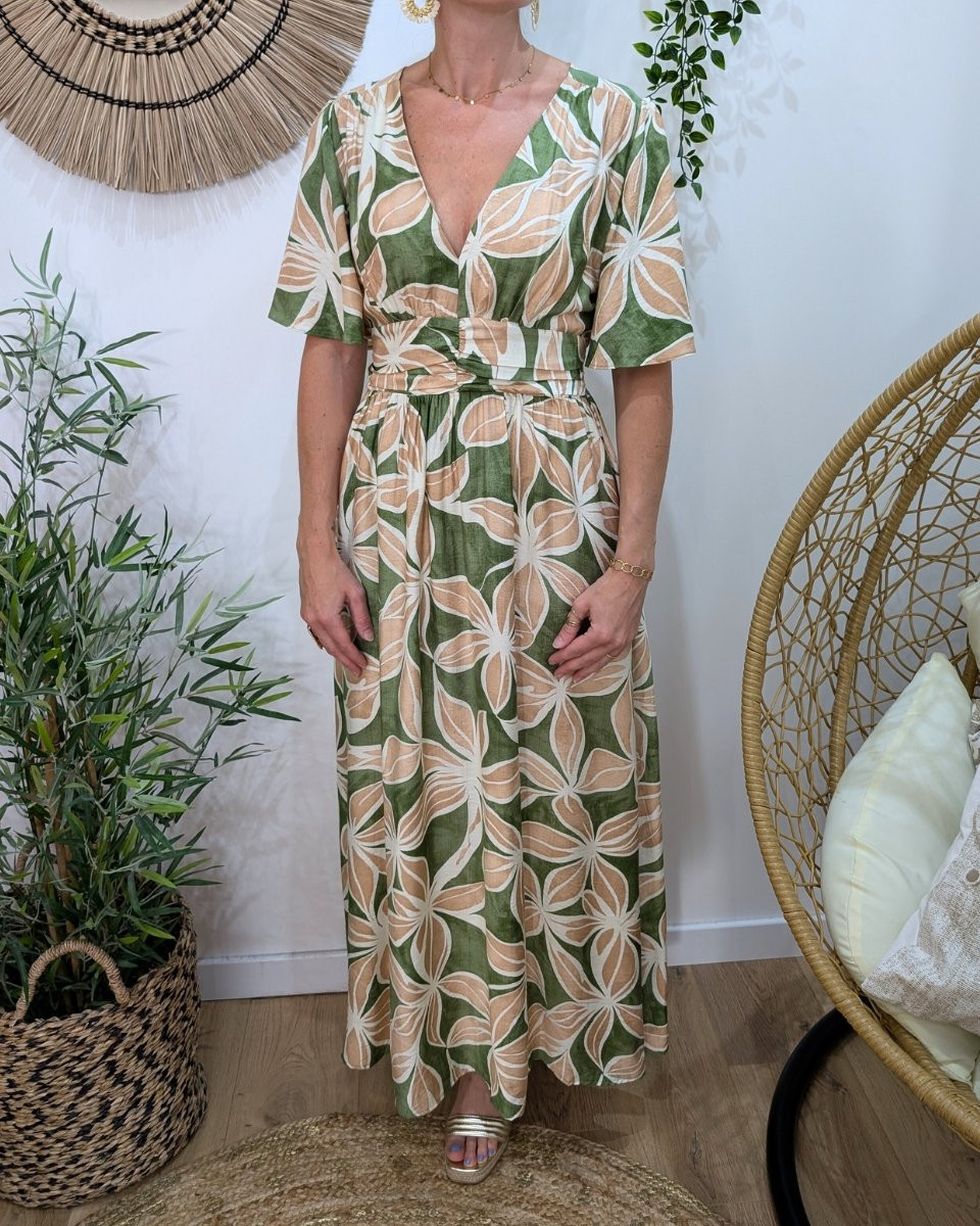 Robe longue femme vertes fleurs beiges et écrues Syrah