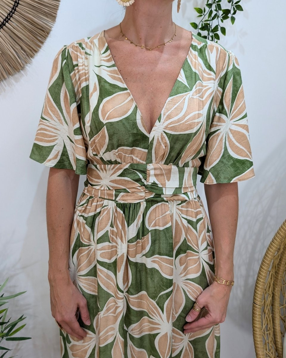 Robe longue femme vertes fleurs beiges et écrues Syrah