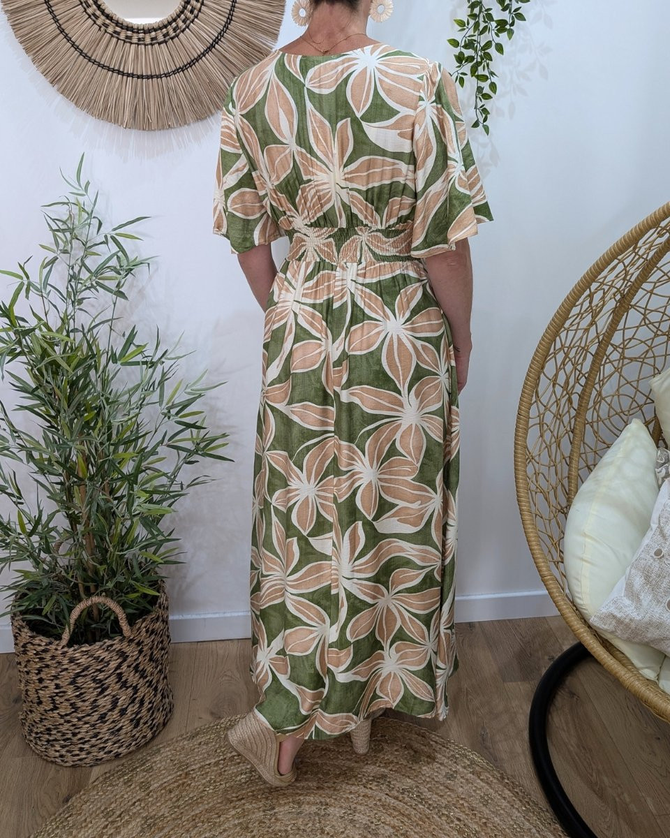 Robe longue femme vertes fleurs beiges et écrues Syrah