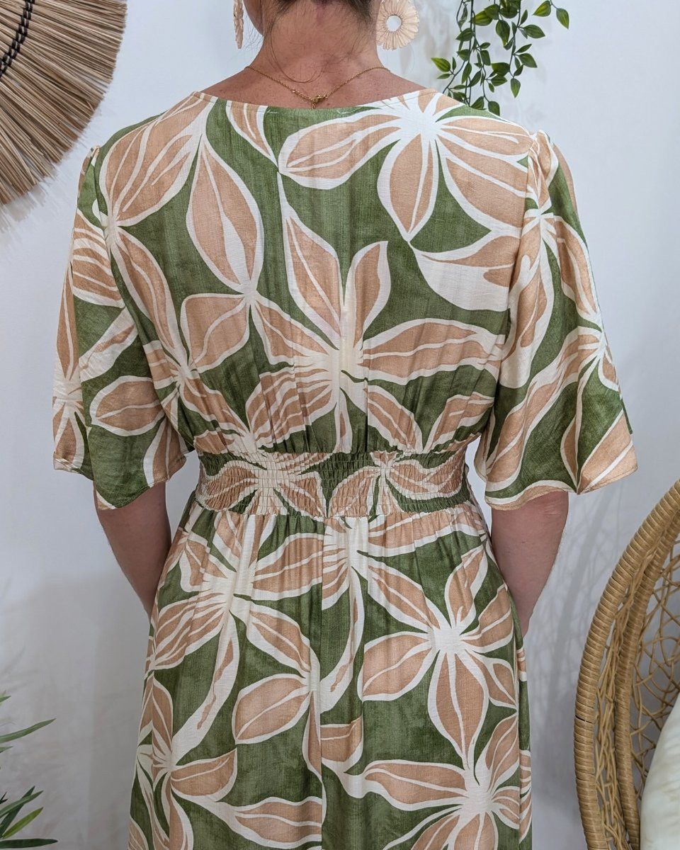 Robe longue femme vertes fleurs beiges et écrues Syrah