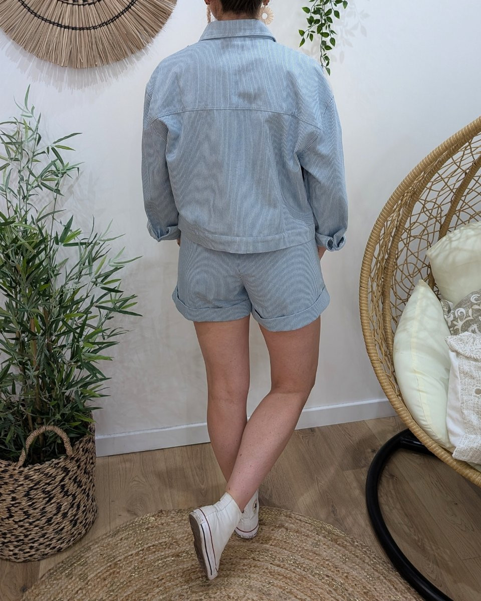 Short en coton femme à rayures bleu ciel et blanc