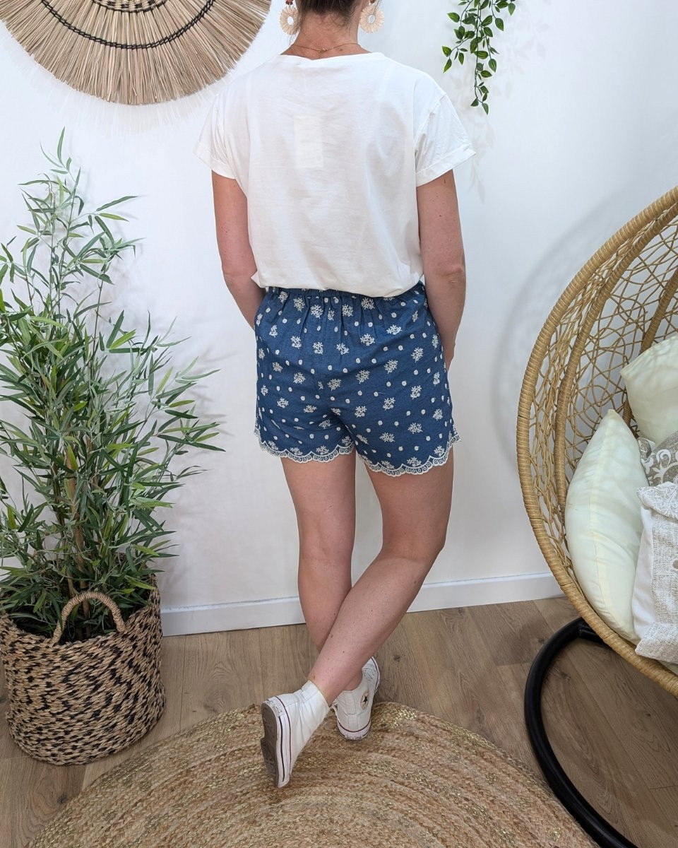 Short en coton femme bleu jeans avec broderies