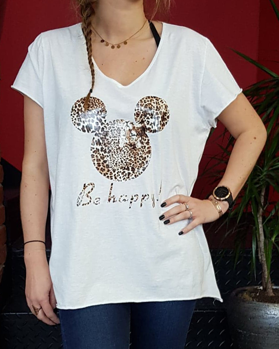 T-Shirt oversize blanc Mickey léopard Be Happy