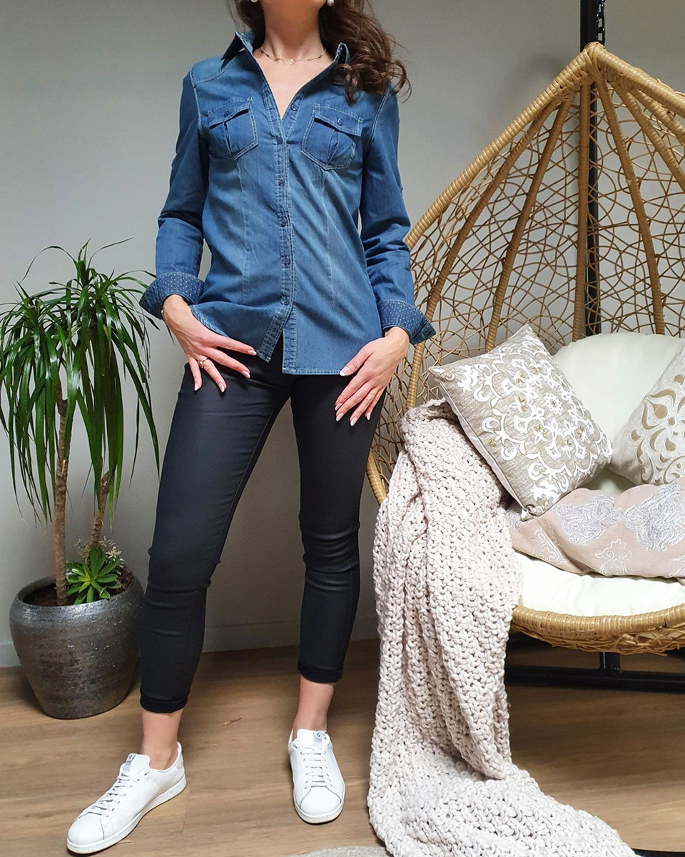Chemise en coton jeans col pois dorés