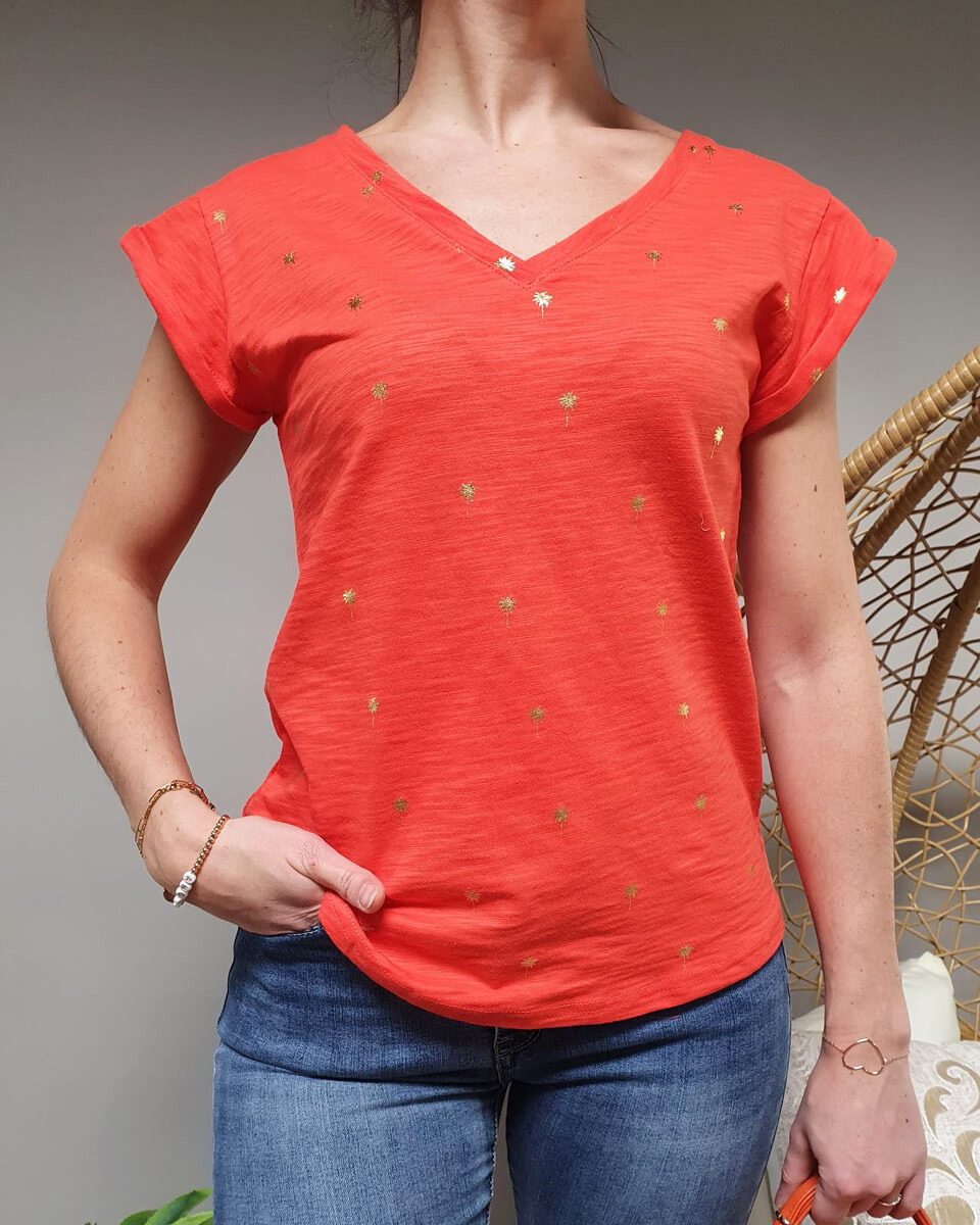 T-Shirt orange palmier doré