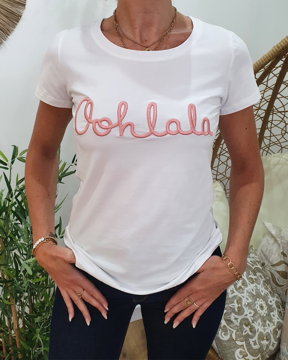 T-Shirt blanc Oohlala rose poudré