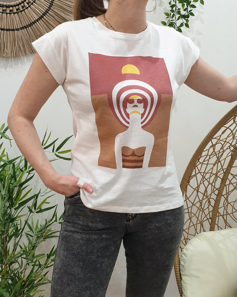 T-Shirt blanc femme sunset terracota pailleté