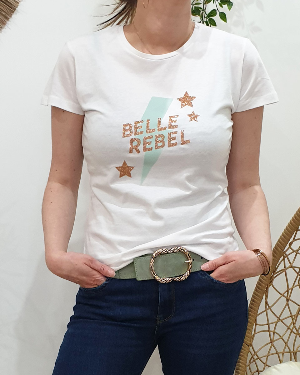 T-Shirt blanc Belle rebel pailleté éclair vert d'eau
