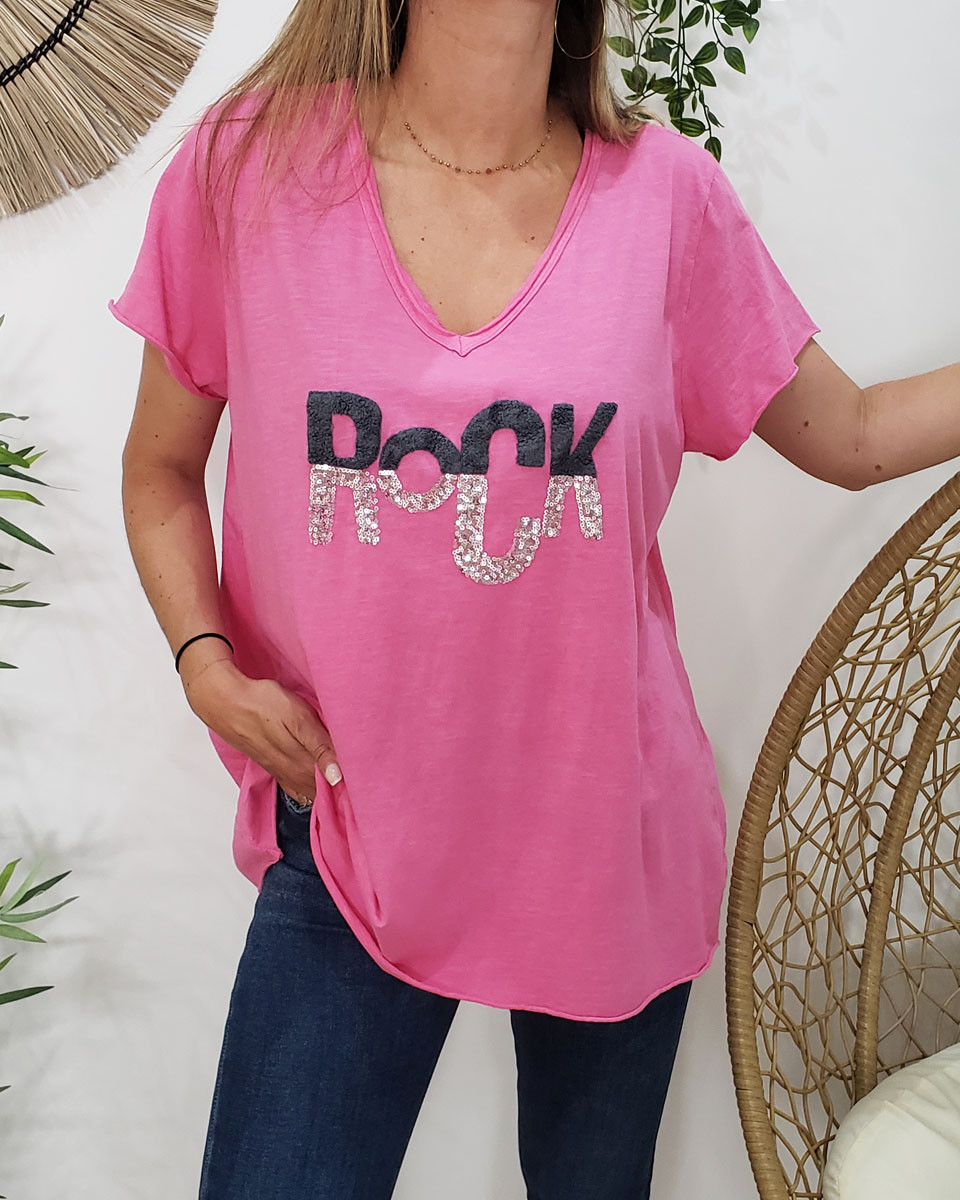 T-shirt Oversize rose ROCK sequins