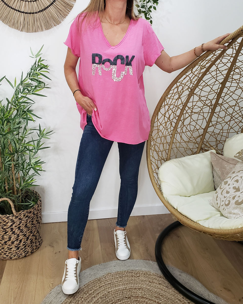 T-shirt Oversize rose ROCK sequins