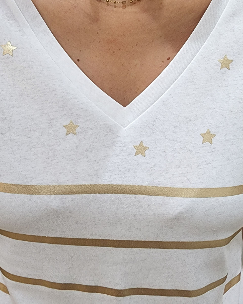 T-shirt blanc étoiles et rayures dorées