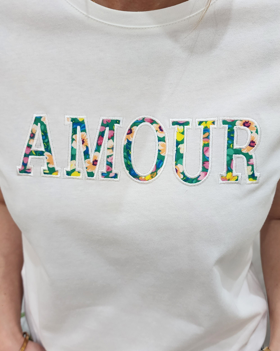 T-shirt femme blanc AMOUR fleuri multicolore