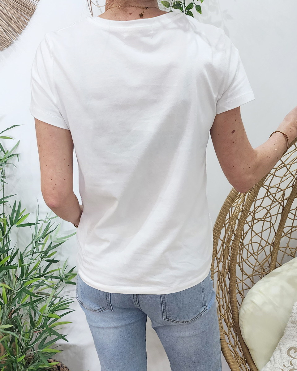 T-shirt femme blanc AMOUR fleuri multicolore
