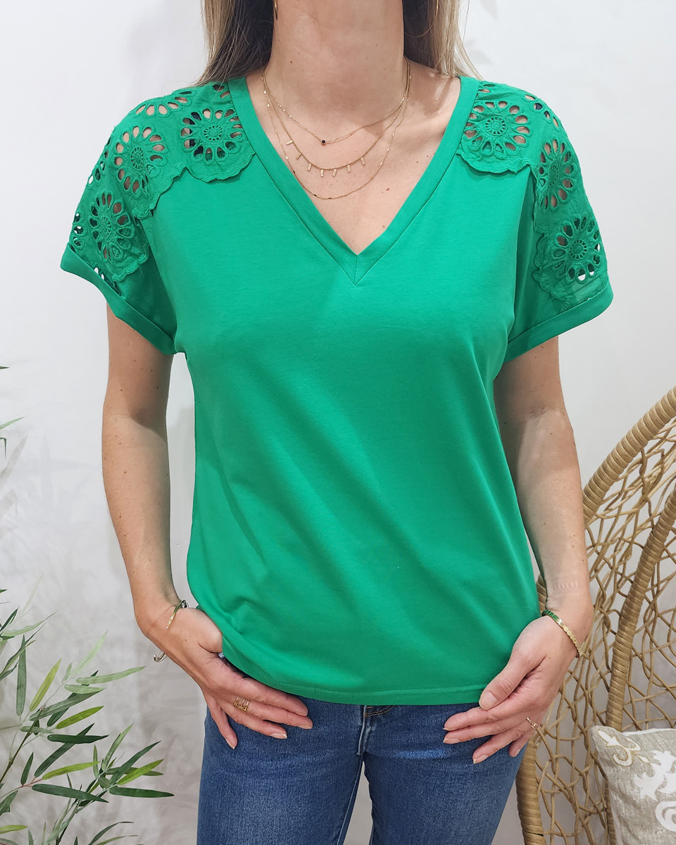 T-Shirt femme vert manche fleur Daphnée