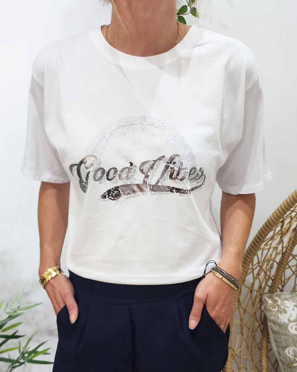 T-Shirt femme blanc Good vibes argent