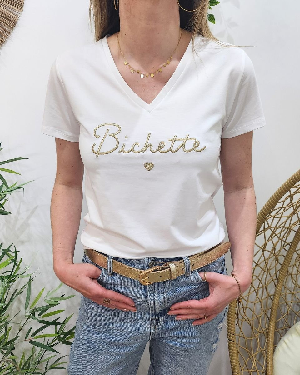 T-Shirt femme écru broderie bichette dorée
